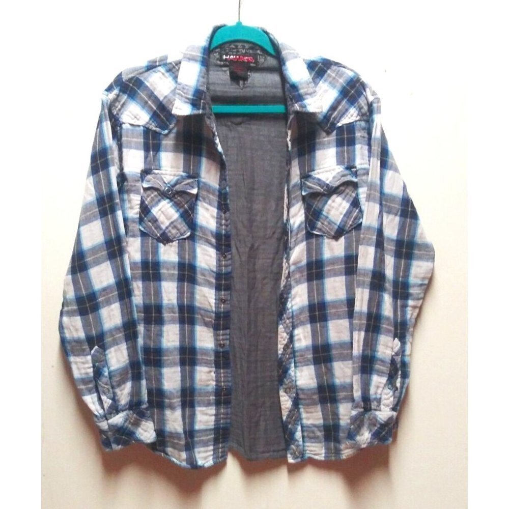Tony Hawk Mens Shirt Sz L Gray Plaid Button Up Long Sleeve Light Flannel western